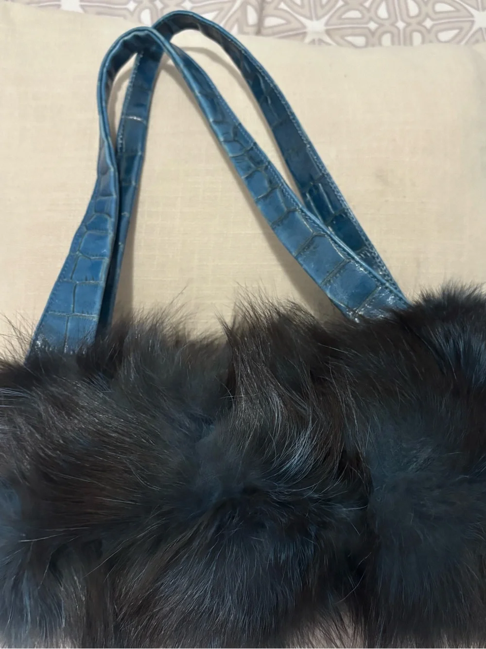 Paolo Masi Blue Faux Fur Pom Pom Handbag with Croc-Texture Straps